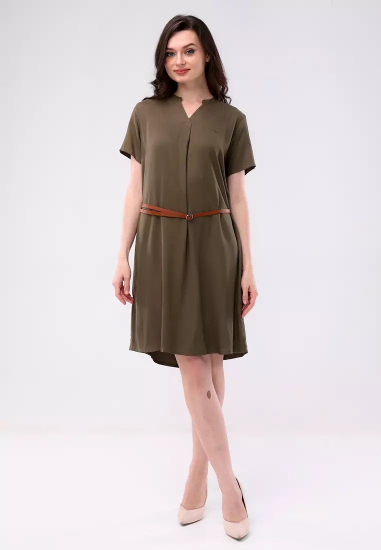 Plain Single Bold Twill Short Sleeve Dress