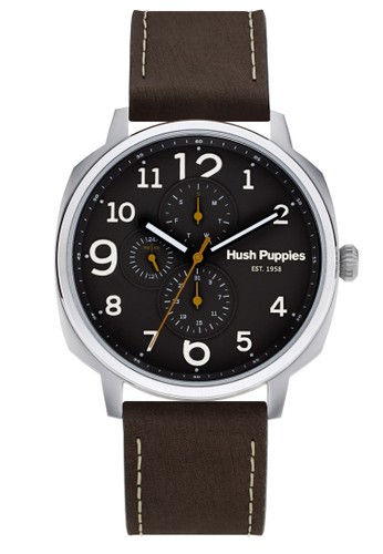 Hush Puppies est. 1958 Multifunction Men’s Watch HP 7145M.2502 Black Silver Brown Leather