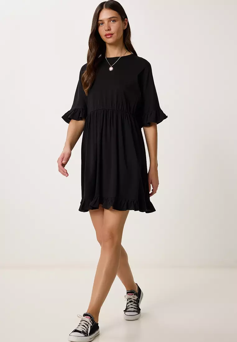 Women's Black Flounced Summer Knitted Dress Rc00159