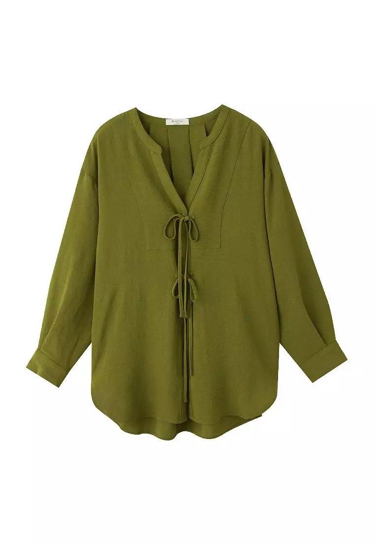 Loose V-Neck Tie Styling Front Short Back Long Side Slit Curved Hem Top [AB18850]