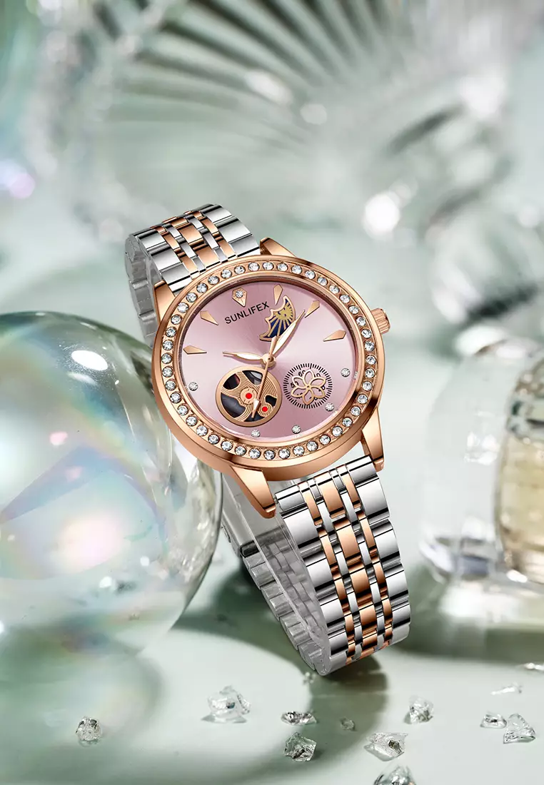 Jam Tangan Wanita E055 Korea Mewah Kuarsa Bercahaya Tali Paduan Jam Tangan Cewek Original pink