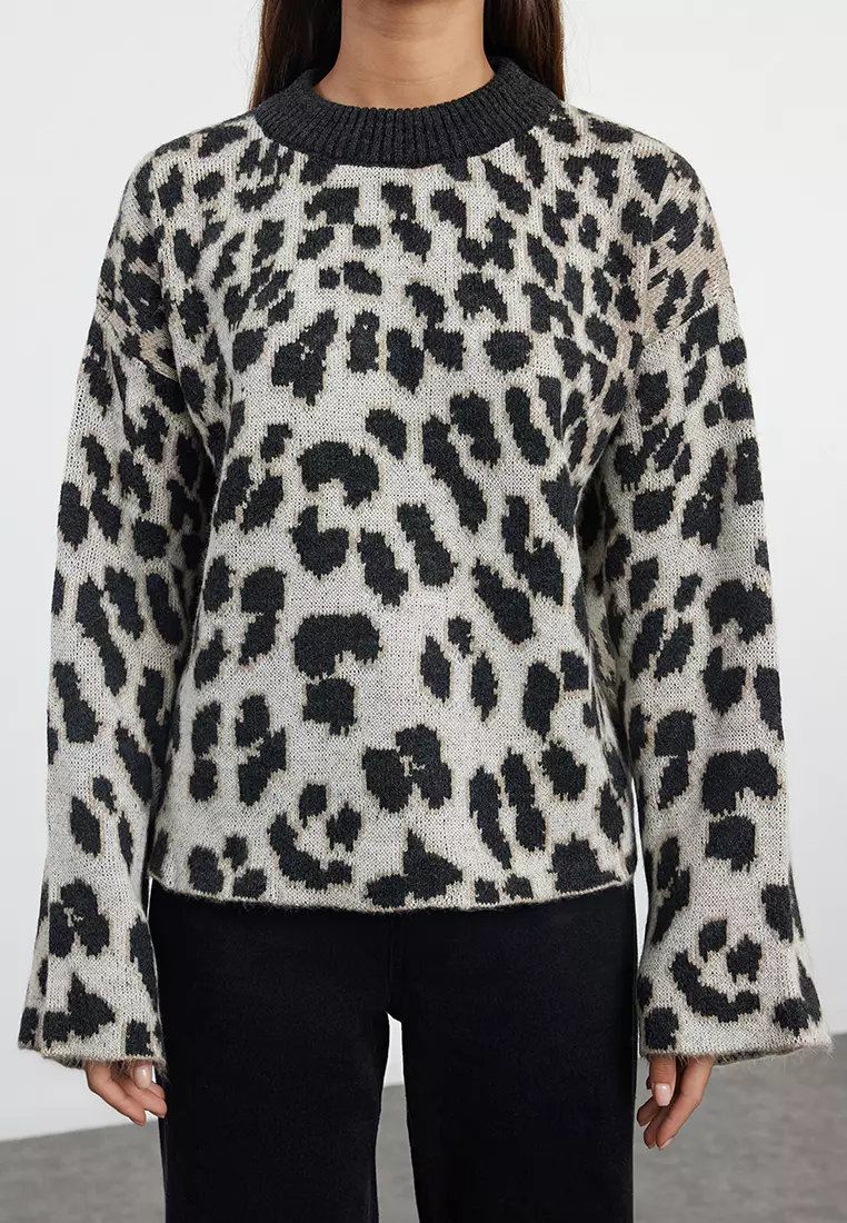 Anthracite Soft Texture Leopard Patterned Knitwear Sweater