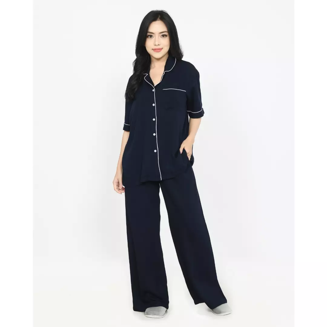 S/S COUPLE PIYAMA COTTON TENCEL Setelan Baju Tidur Pria Wanita NAVY