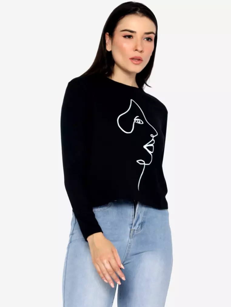 TONIQUE Kaos Crop Lengan Panjang Katun Combed Wanita Hitam GABRIELLA Regular Fit Long Sleeve Cotton Combed Crop Top