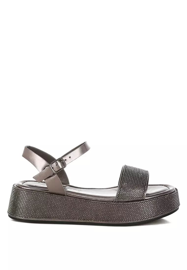 Discount on London Rag  shoes - SKU: Rhinestone Embellished Flatform Sandals in Pewter