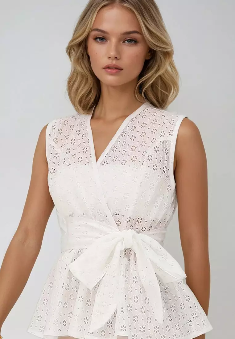 Women's Ecru Double Breasted Collar Skirt Flounced Self Belted Summer Guipure Blouse Alc-X14126