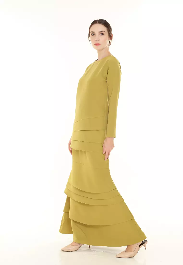 Isabella Multi Layer Kurung Modern in Leaf Gold Green