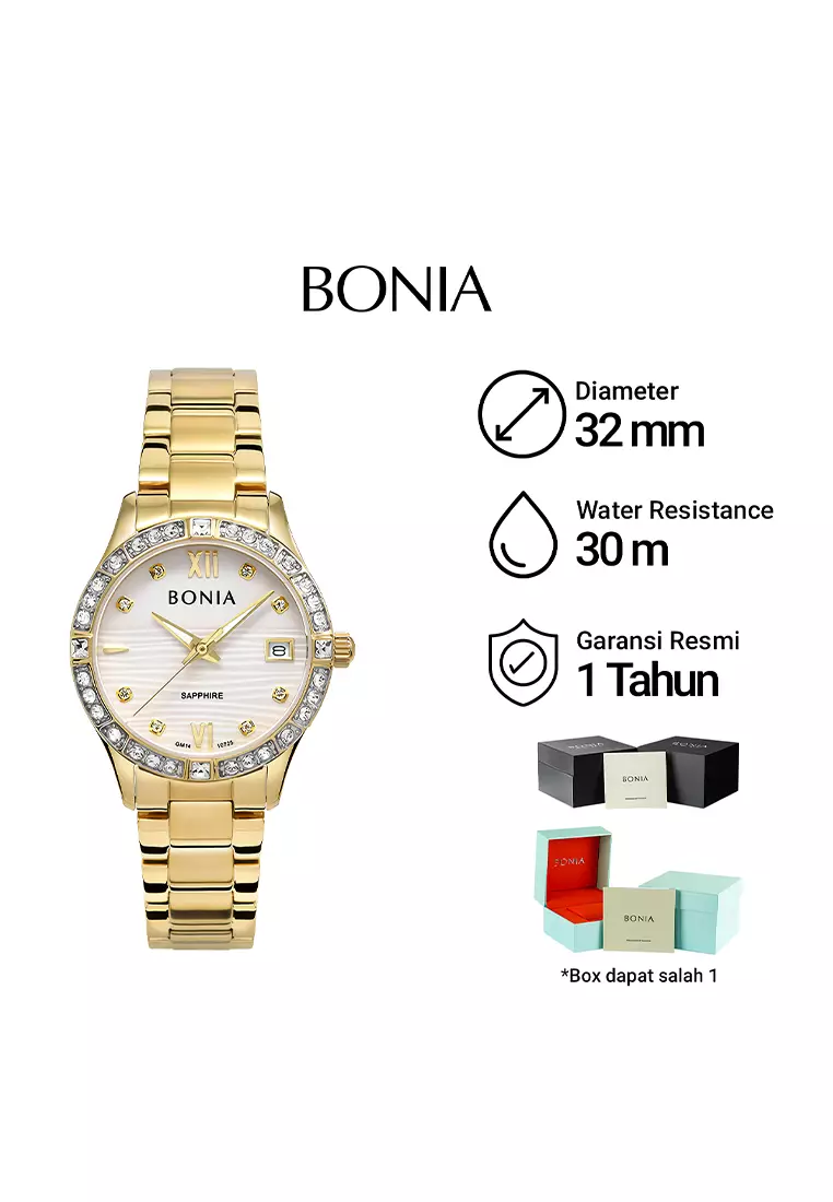 Bonia Sapphire Glass - Jam Tangan Analog Wanita - White Dial - Gold Stainless Steel - B10725-2213S