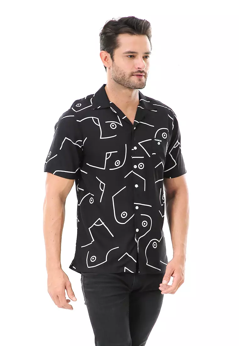 Leopold Kemeja Printing Pria Motif Abstrak Lengan Pendek Material Rayon ORIGINAL - Black
