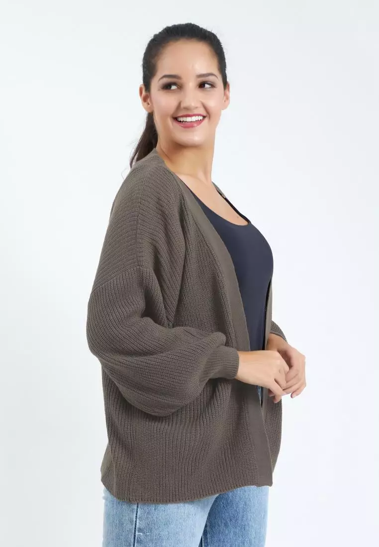 Balloon Sleeve Knit Cardigan in Khaki