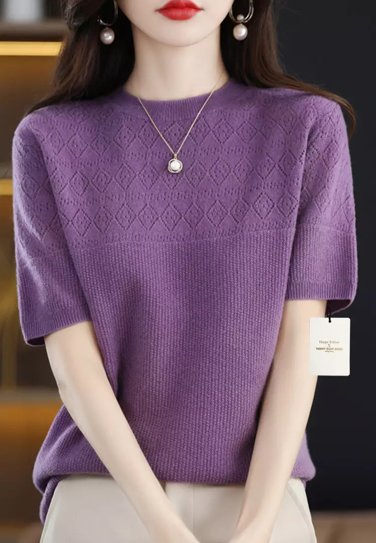 Rhombus Hollow Out Pattern Short Sleeve Knit Top JW QT-291