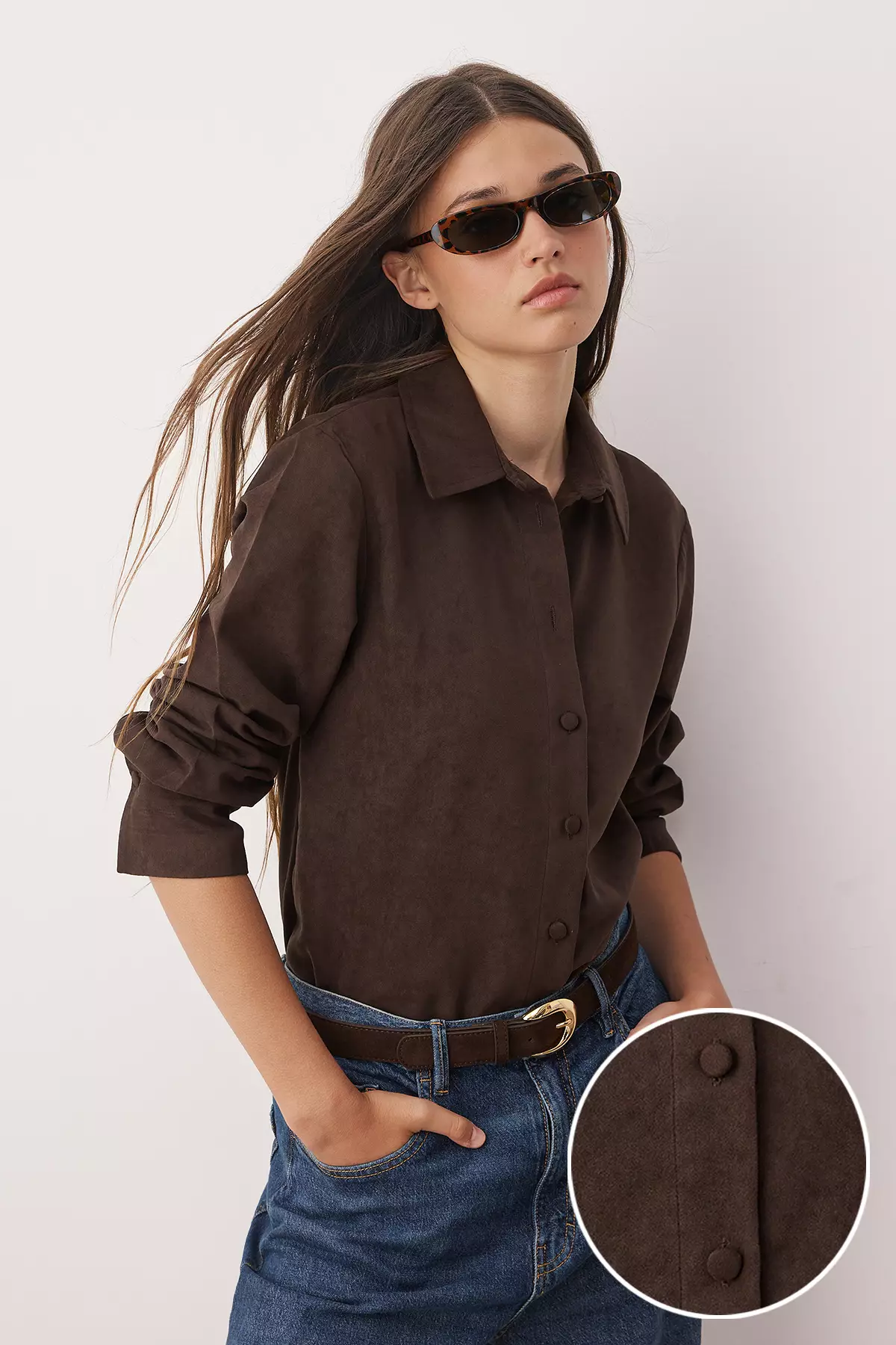 Dark Brown Regular Fit Suede Shirt Twoaw26Go00027