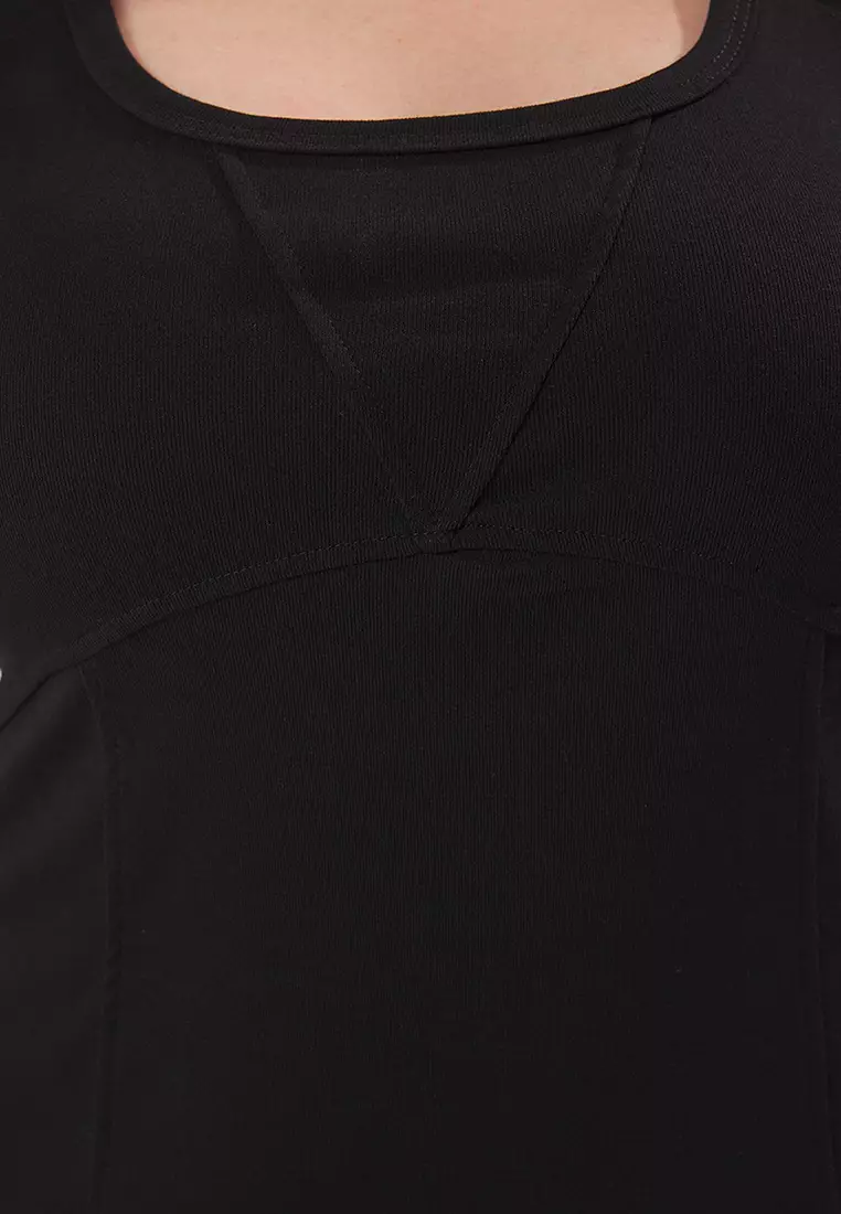 Black Boat Neck A-Line Camisole Knit Plus Size Dress Tbbss25Ah00196