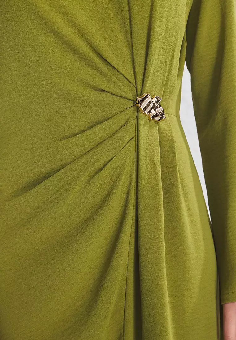 Khaki Gold Brooch Detailed Aerobin Woven Dress TCTSS25EB00138