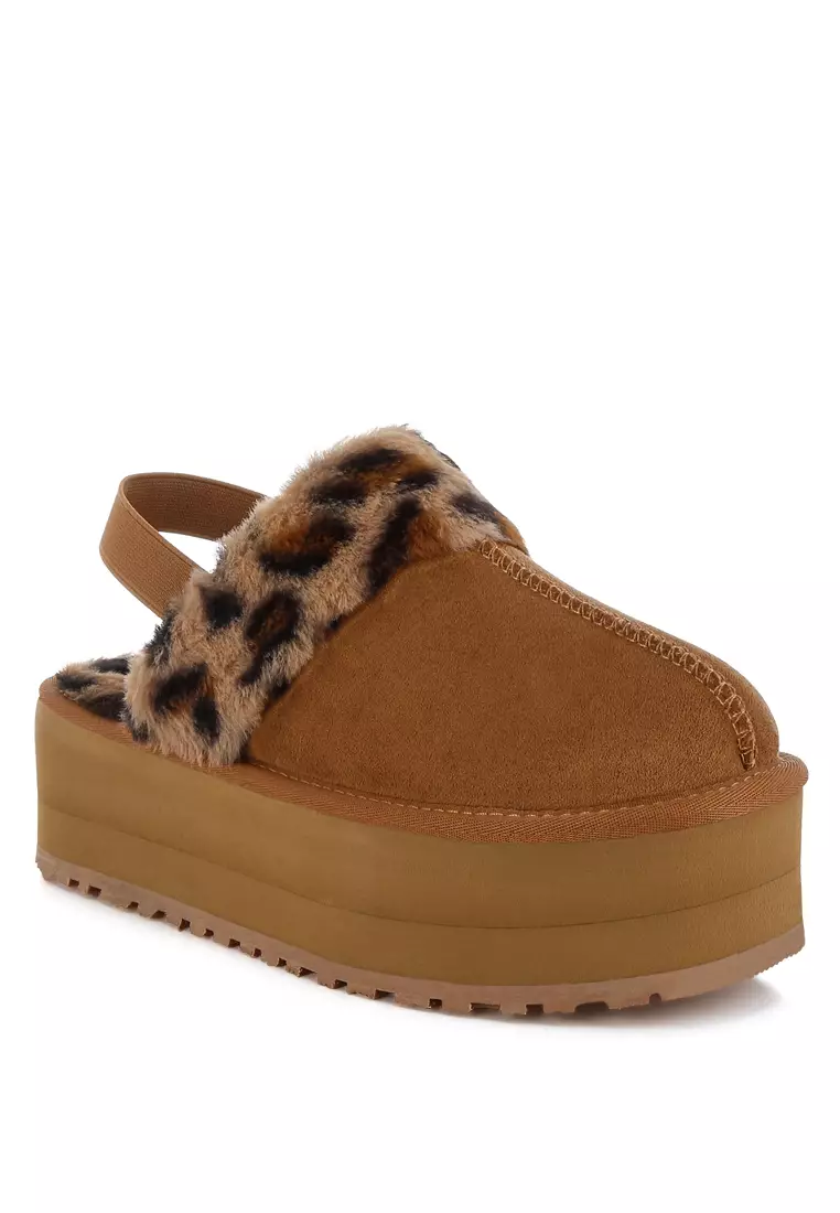 Platform Bulu Imitasi Motif Macan Tutul Slingback Klasik dalam Warna Tan