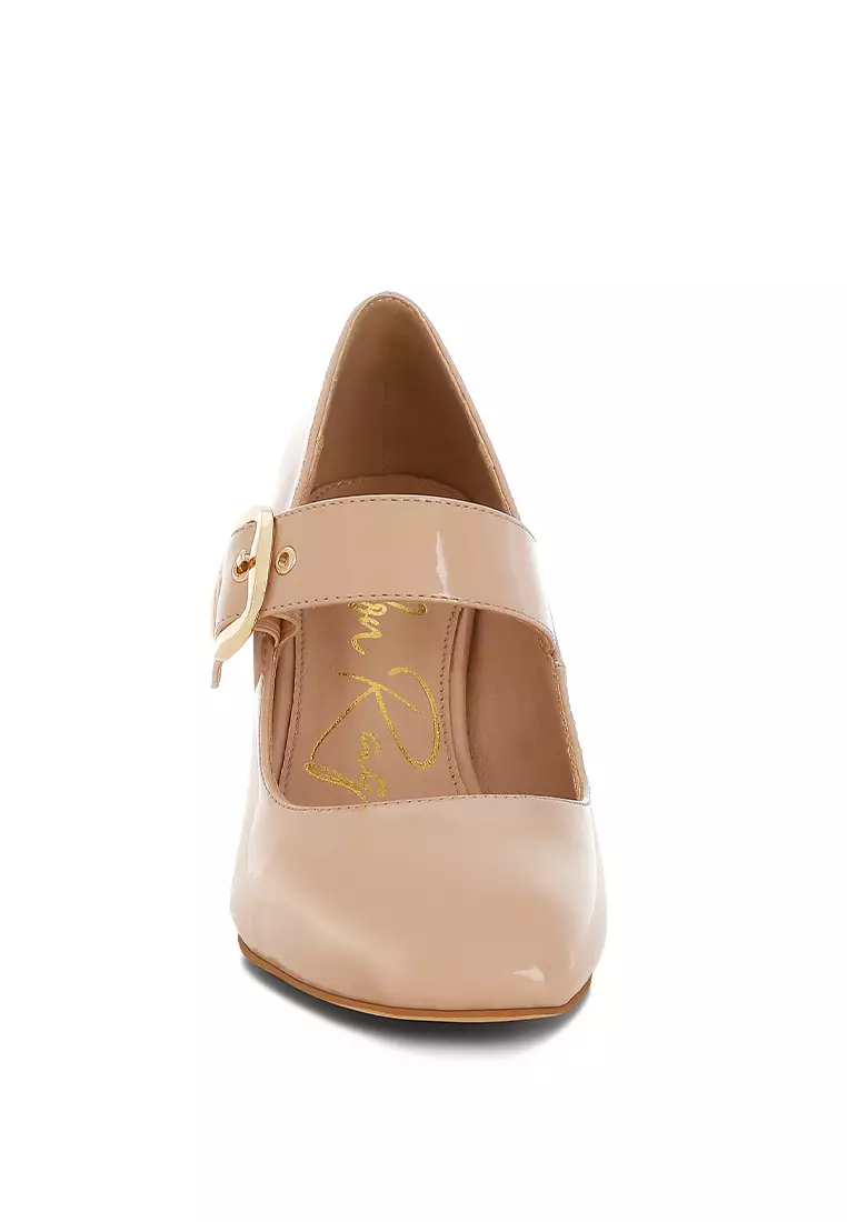 Block Heel Mary Jane Sandals in Beige