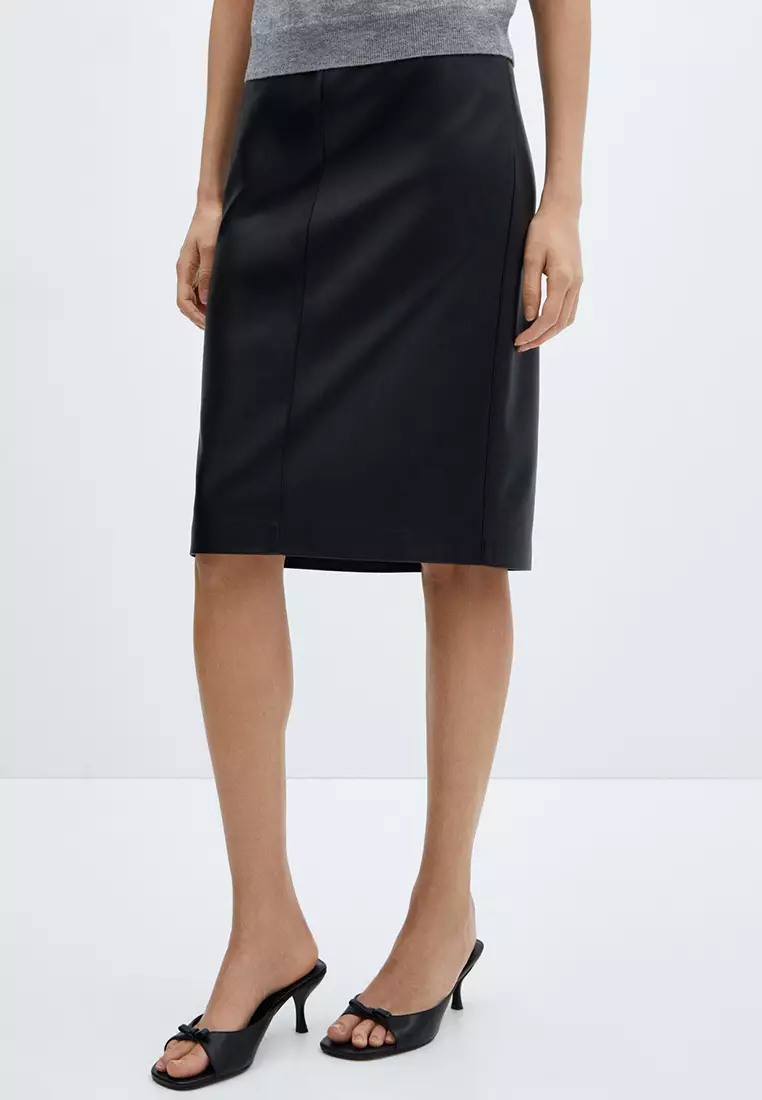 Mango black leather deals pencil skirt