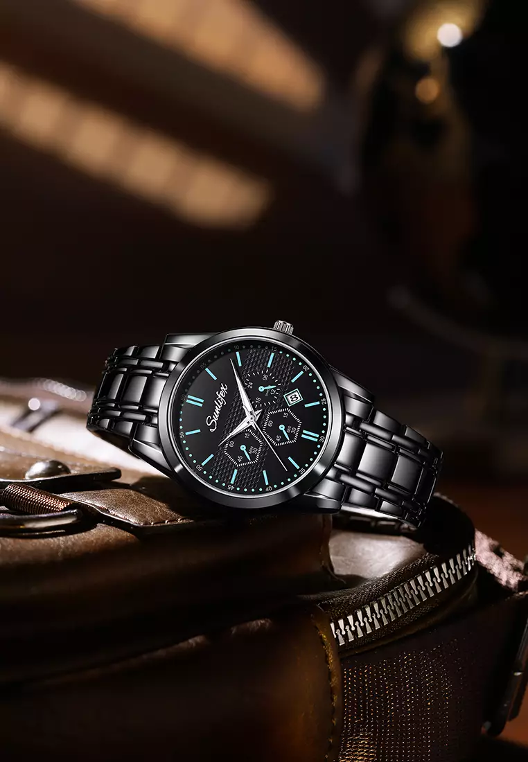 Jam Tangan Pria 9035 Analog Kalender Santai Tali Stainless Steel Jam Tangan Cowok blue