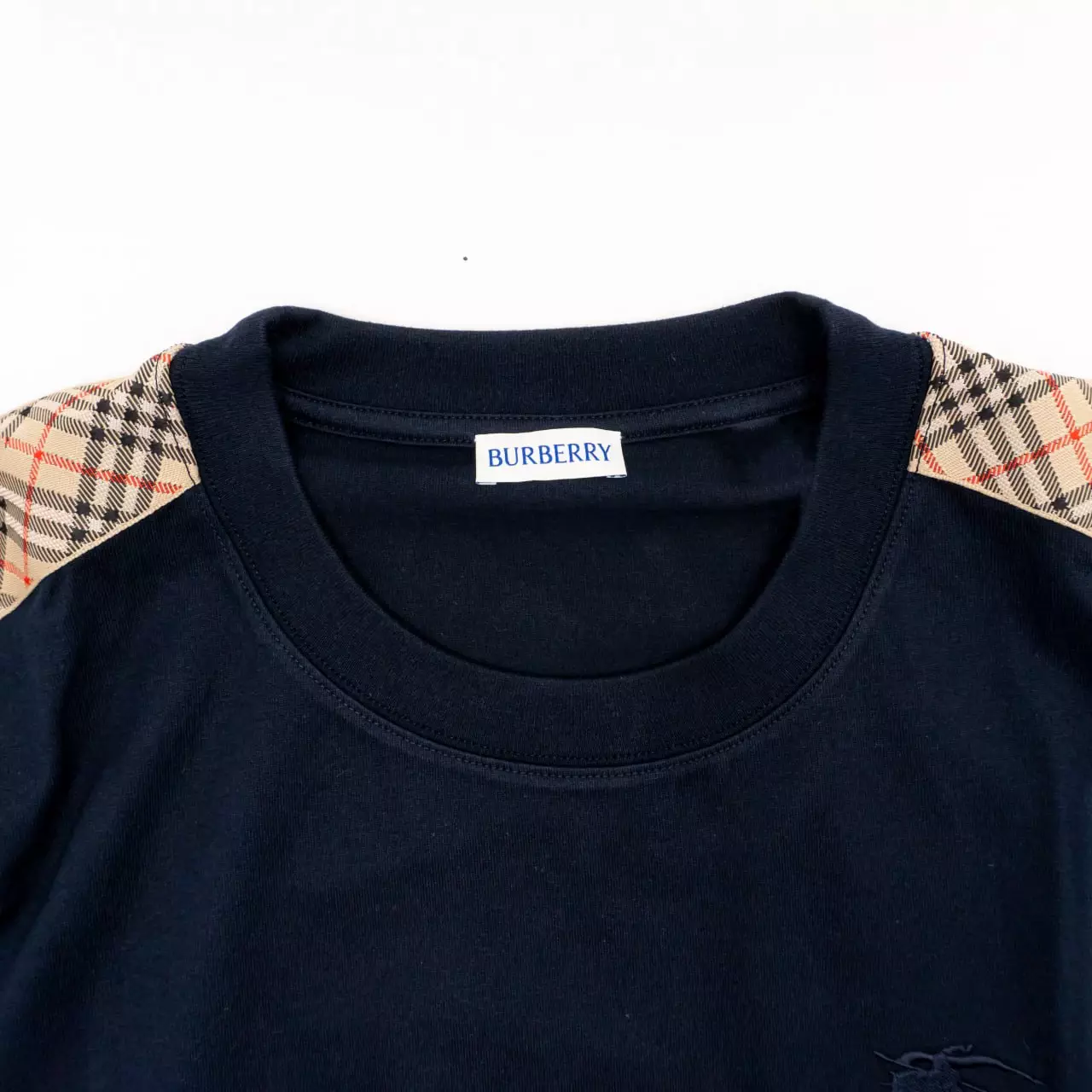Check Trim Cotton T-Shirt Navy