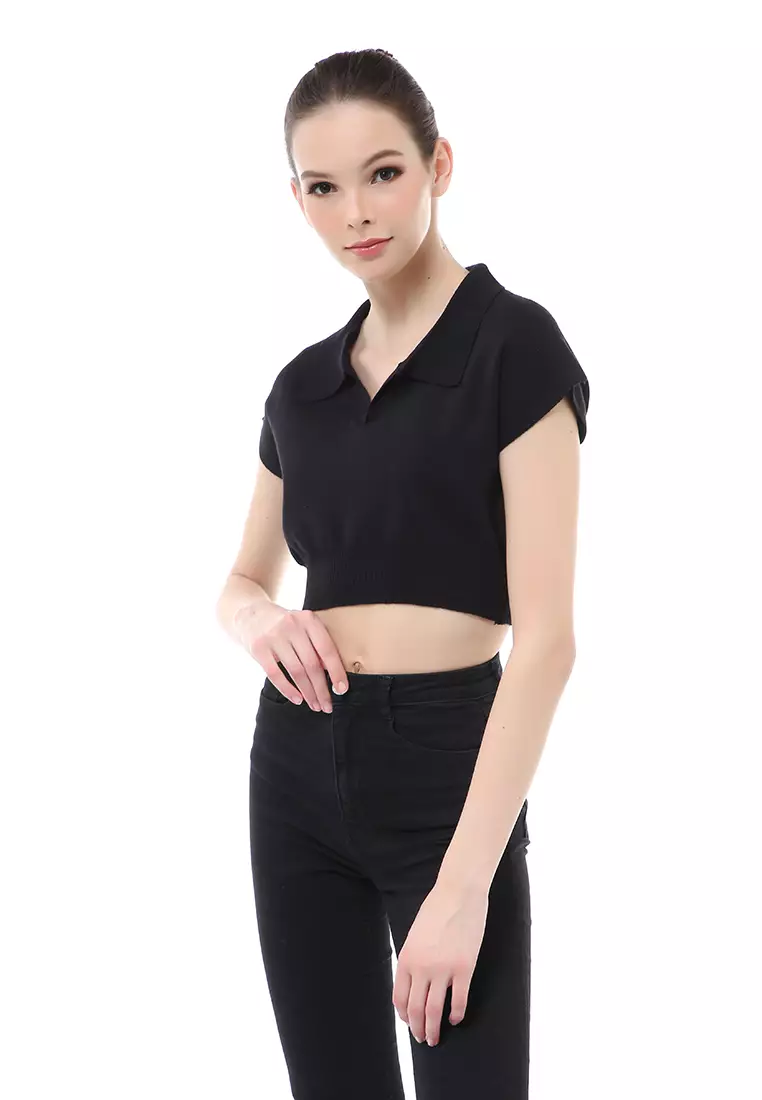 Albertine Atasan Crop Wanita Lengan Pendek Blouse Kerah Material Rajut ORIGINAL - Black