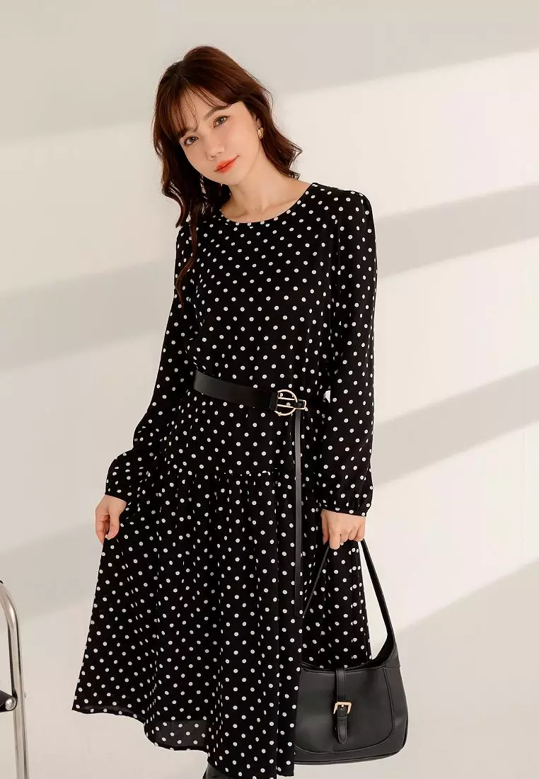Vintage Polka Dot Low-Waist Flared Long Sleeve Maxi Dress – Mori Style [DA10210]