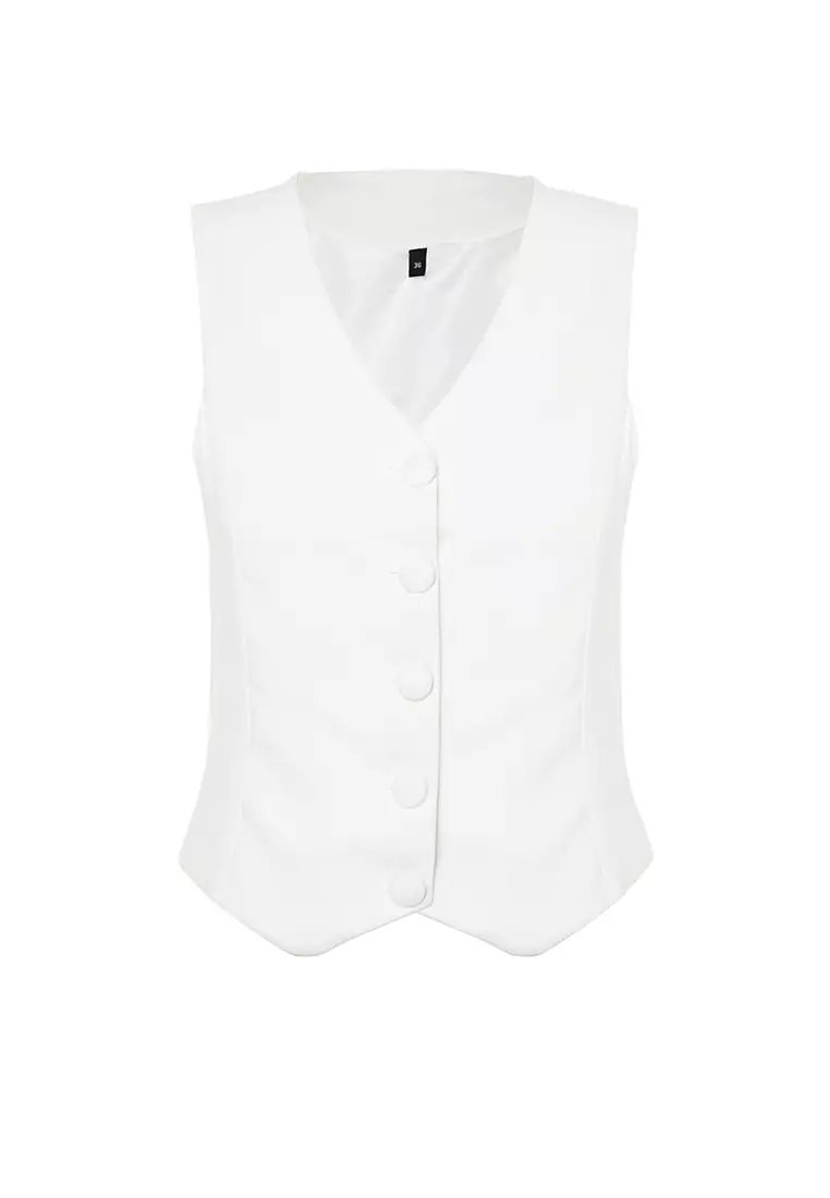 White Fitted Fitted Buttoned Crop Woven Vest