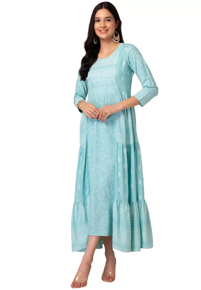 Light Blue Floral Print Rayon Tiered Dress