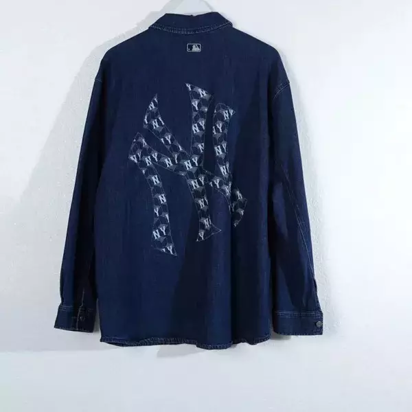 Kemeja MLB NY MONOGRAM WHITE BACK BLUE DENIM LONG SHIRT 100% ORIGINAL