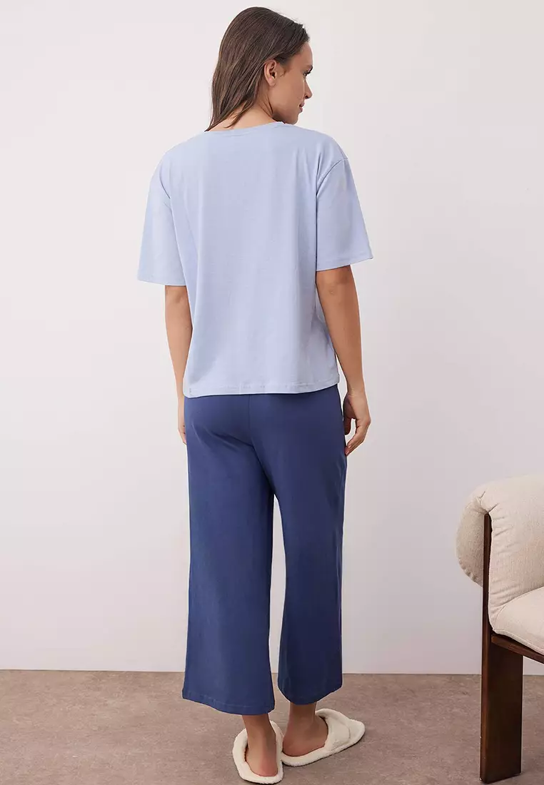 Blue Cotton Capri Knitted Pajama Set Thmaw26Pt00124