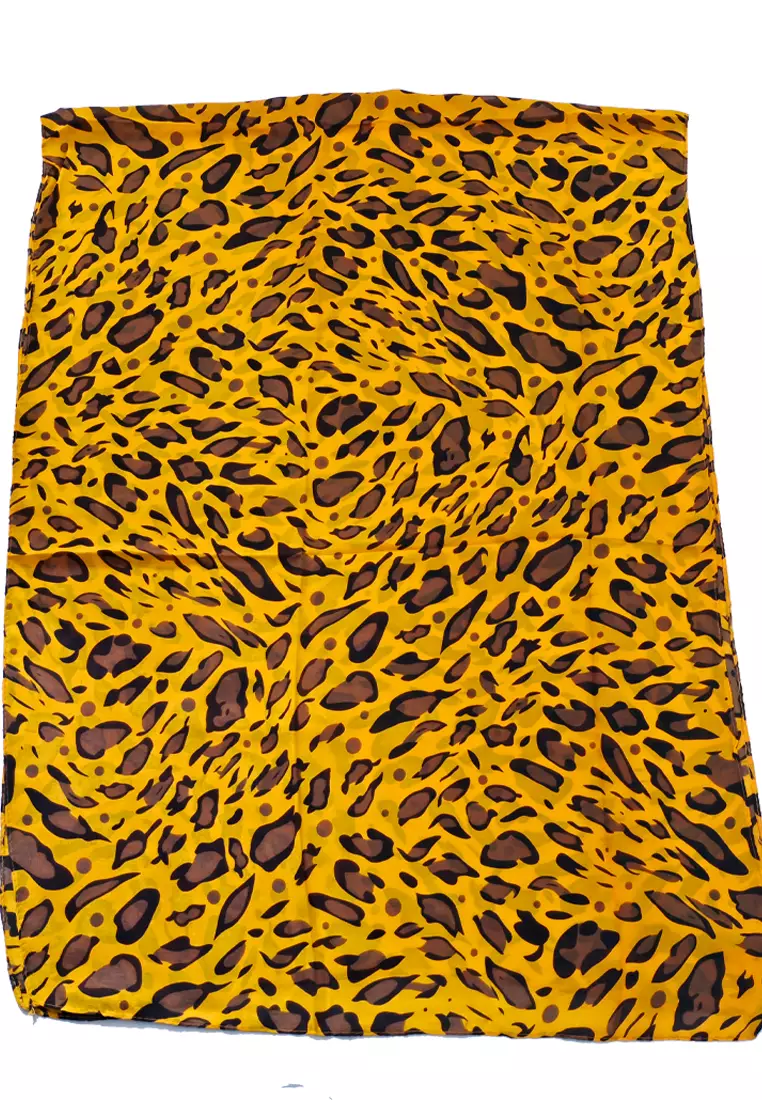 Aksesoris Wanita Leopard Print Poly.-Viscose Scarf Wanita Motif Tutul Animal-Print Orange & Brown