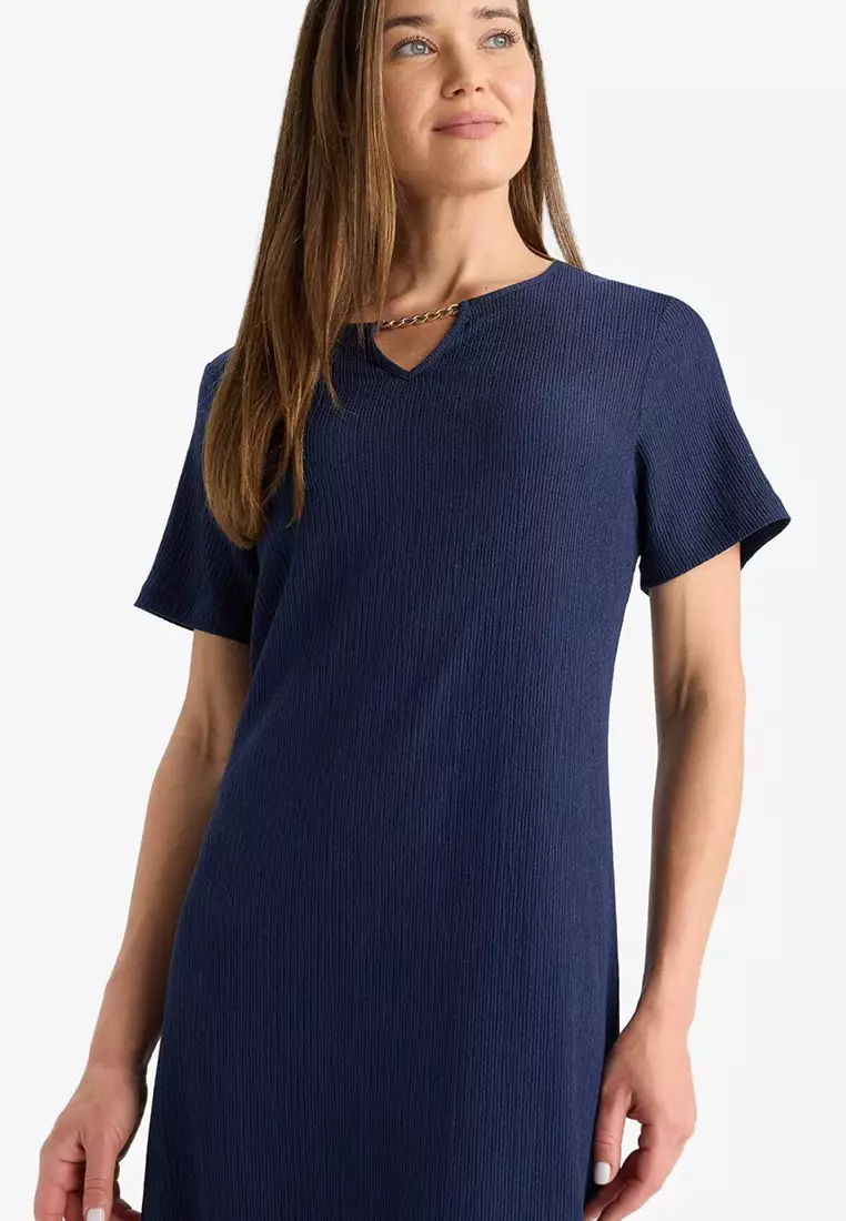 Regular Fit Apaş Collar Basic Plain Wrinkle Short Sleeve Midi Summer Dress D3834Ax25Sm