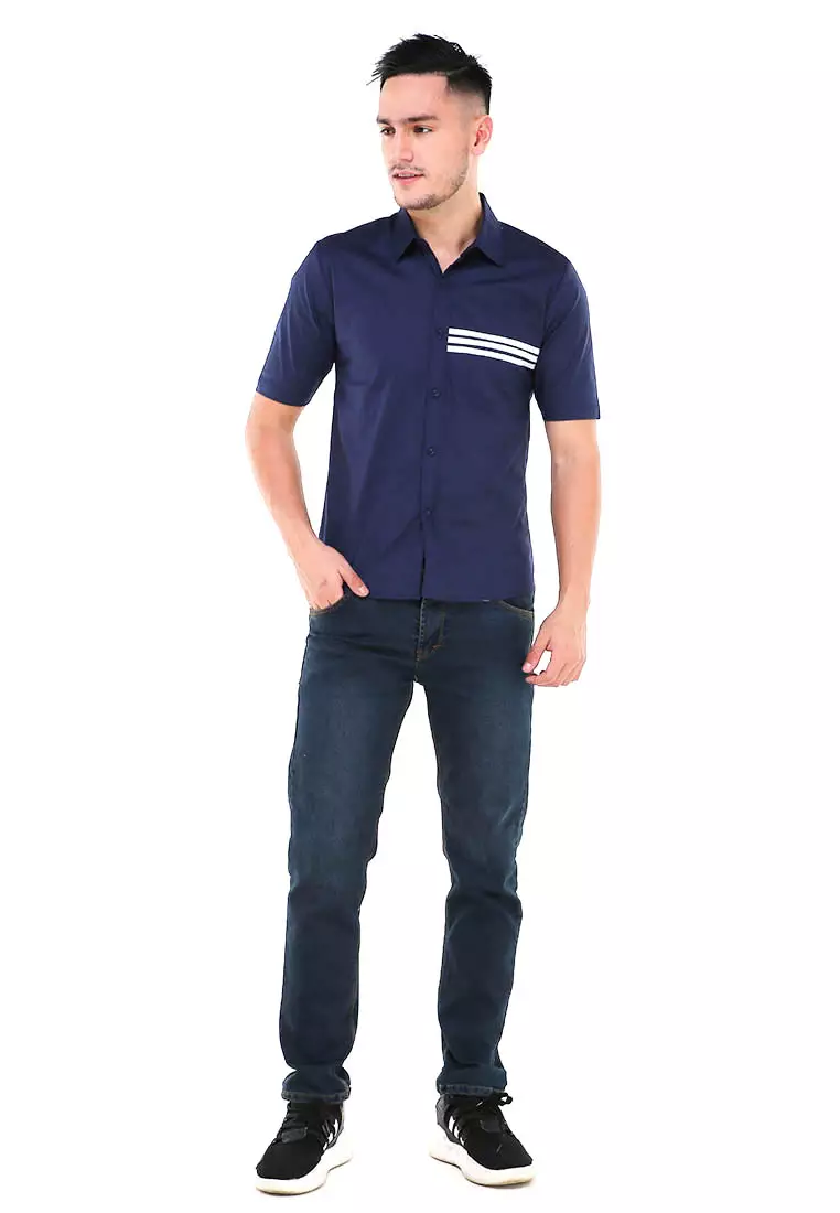 Dwan Atasan Kemeja Pria Three Lines Slim Fit Casual Shortsleeve Shirt Material Cotton ORIGINAL - Navy