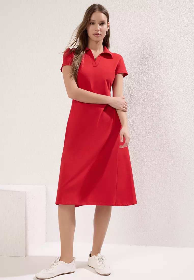 Polo Neck Skater/Waist Open Cotton Stretch Knit Midi Dress