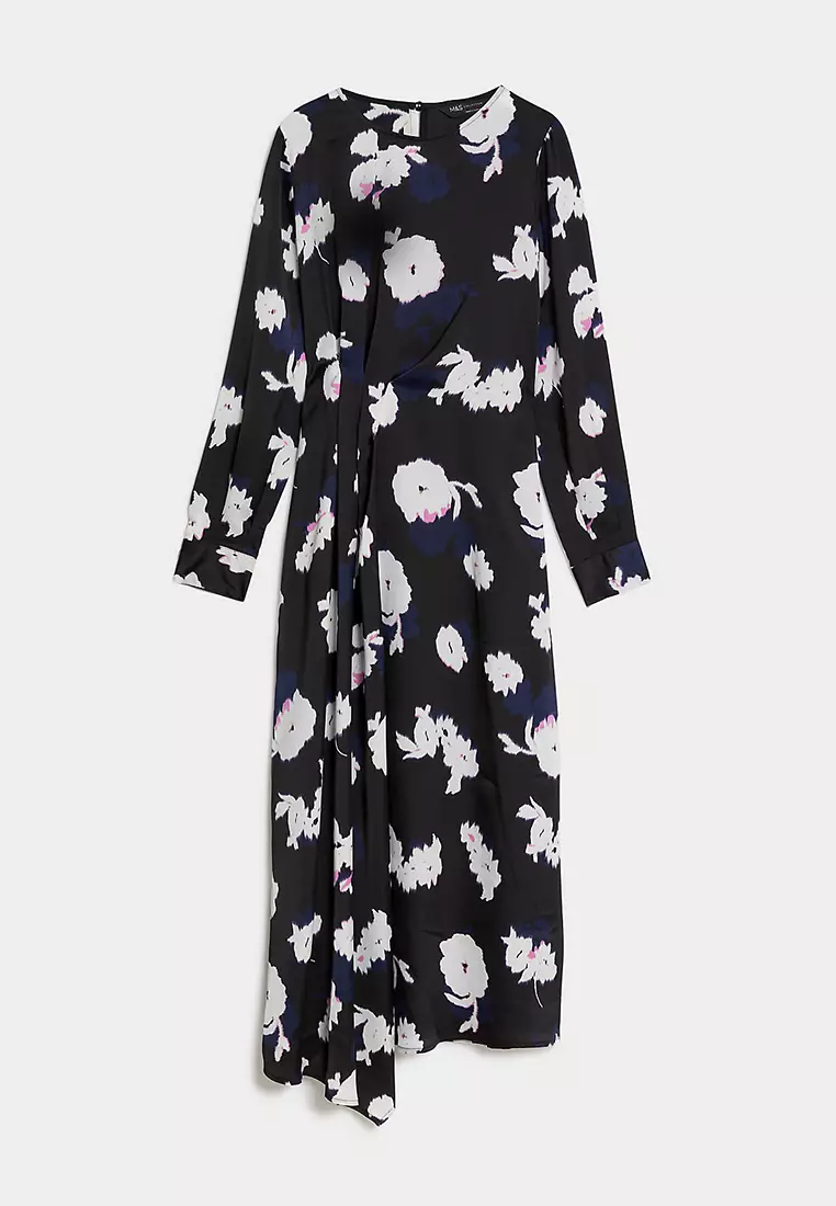 Satin Floral Round Neck Midi A-Line Dress