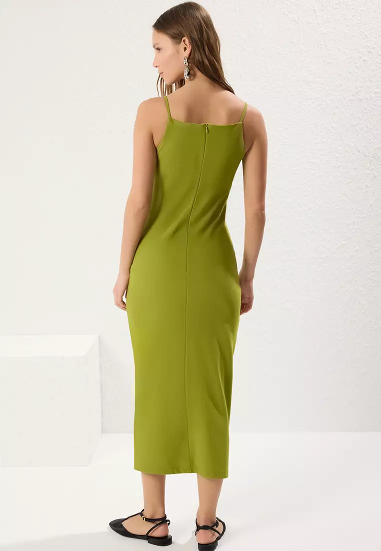 Oil Green Square Neck Bodycon Midi Knit Dress