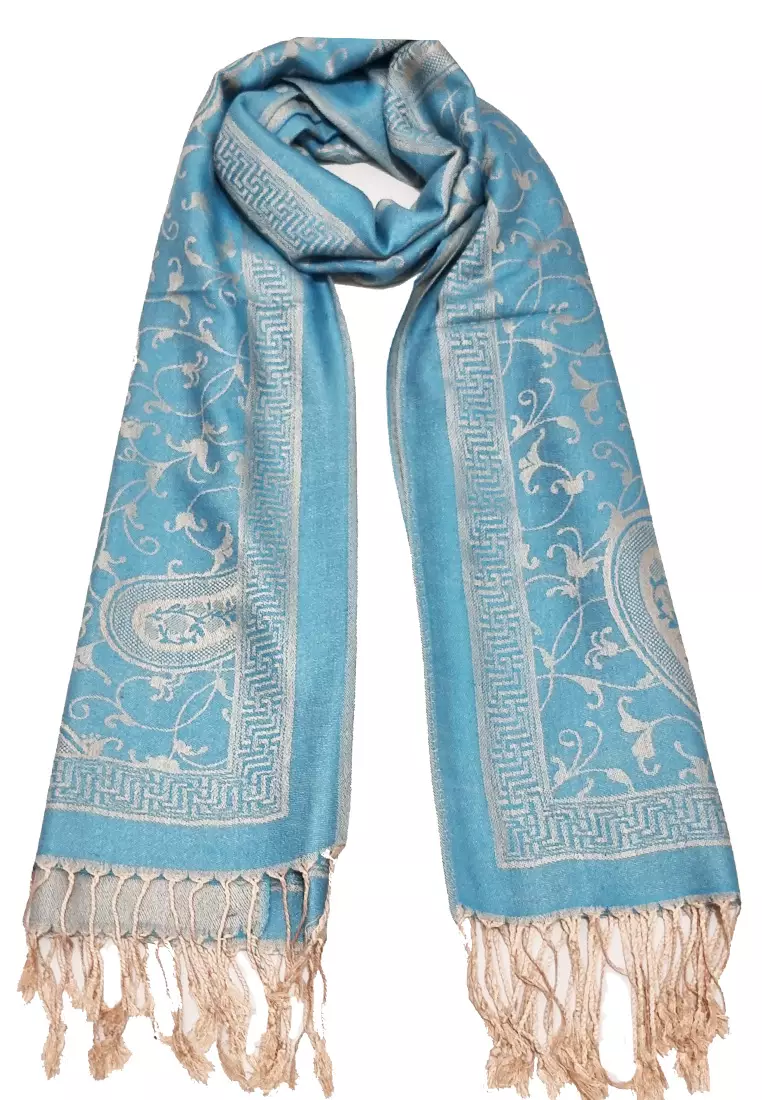 Reversible Viscose Paisley Pattern Pashmina Shawl Syal Wanita Sky Blue & Beige