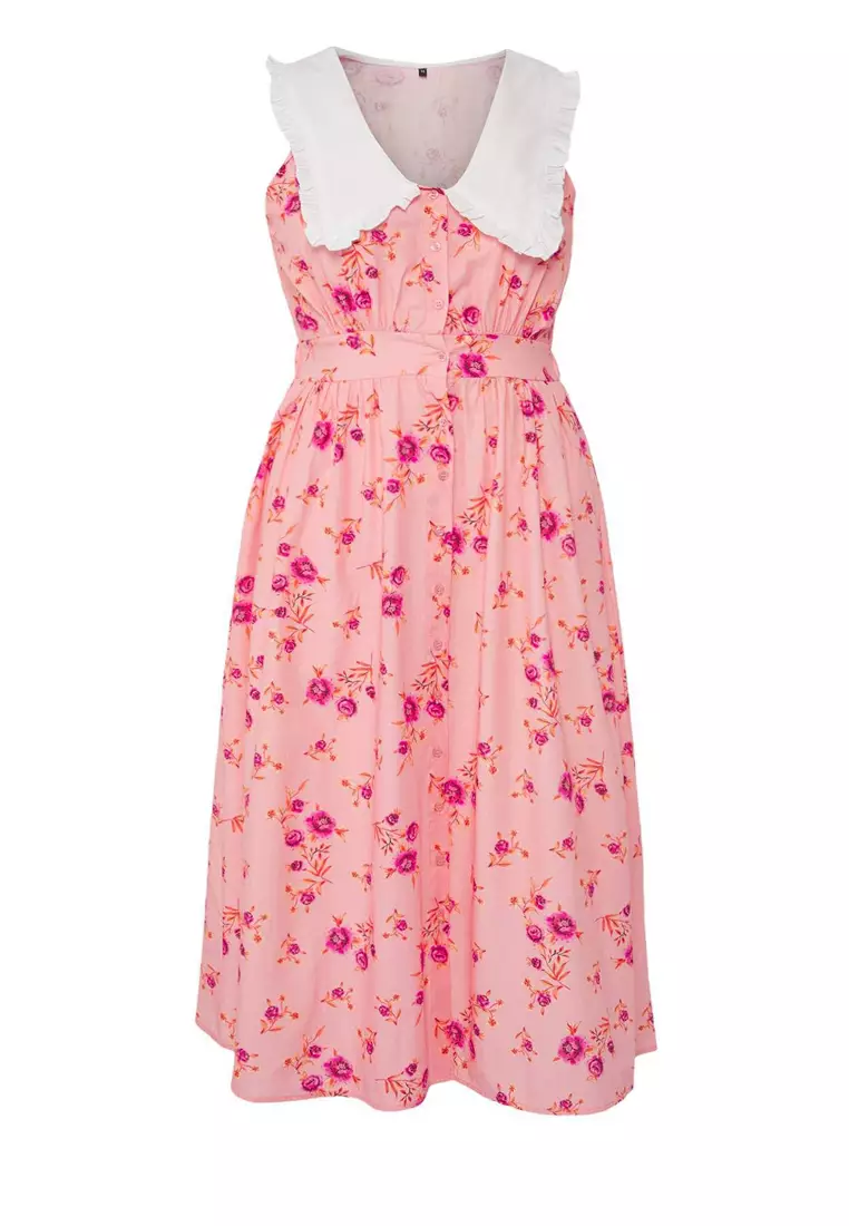 Pink Floral Poplin 100% Cotton Bebe Collar Midi Woven Large Size Dress Tbbss25Ah00158
