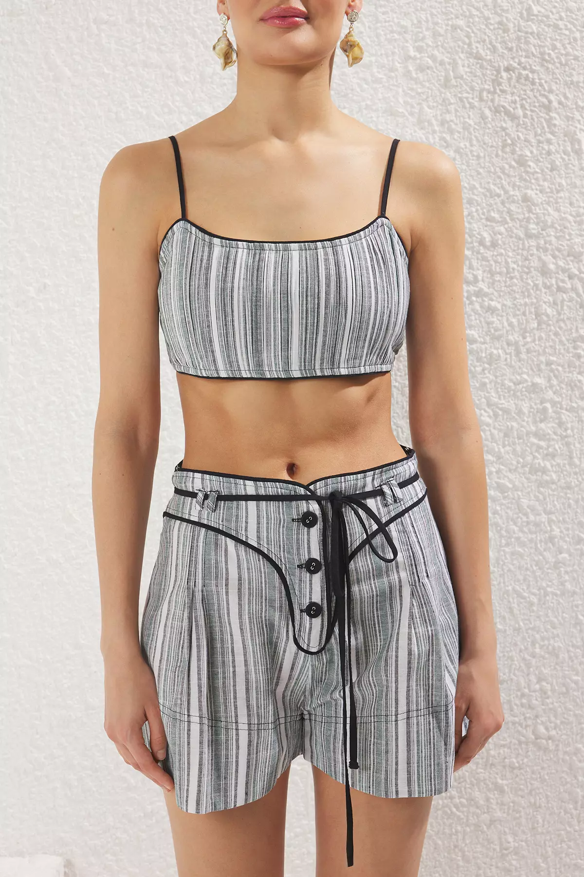 Striped Piping Detail Woven Blouse Shorts Beach Set