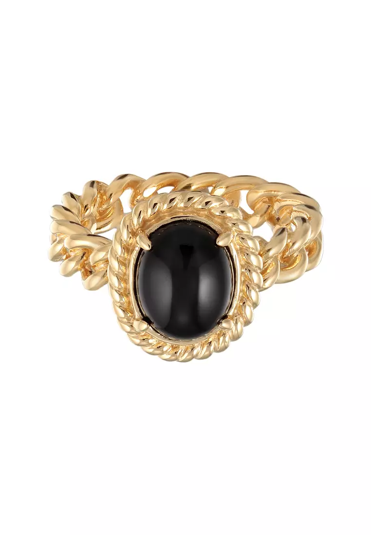 Cincin Perhiasan Perak 925 Wanita Solitaire Classic Chain Look Onyx Gold Plated