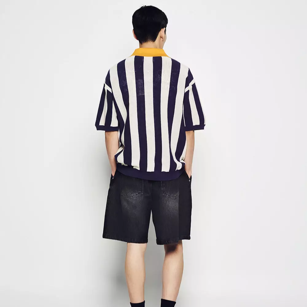 COLLAR POINT STRIPE SHORT SLEEVE KNIT NAVY