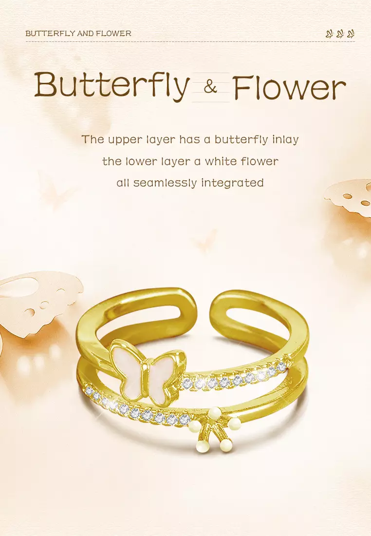 Cincin Wanita Titanium Korea Elegan Perhiasan Cewek Butterfly Flower Rings Original