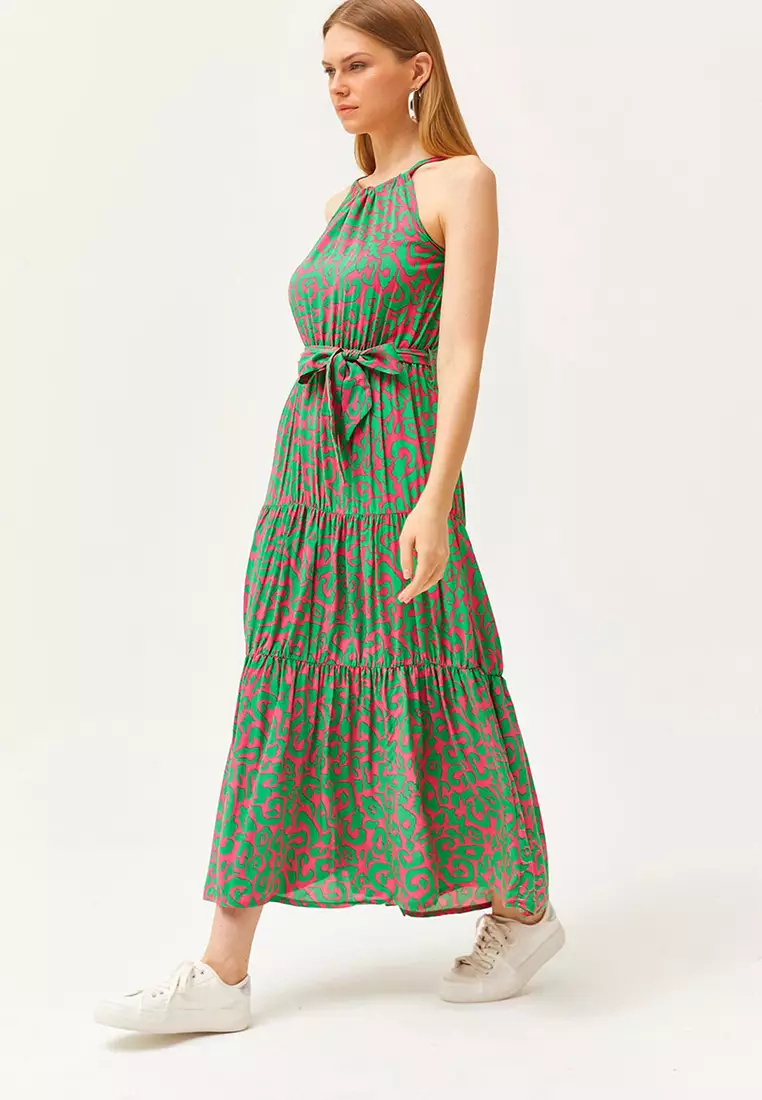 Halter Neck Belted Woven Viscose Dress