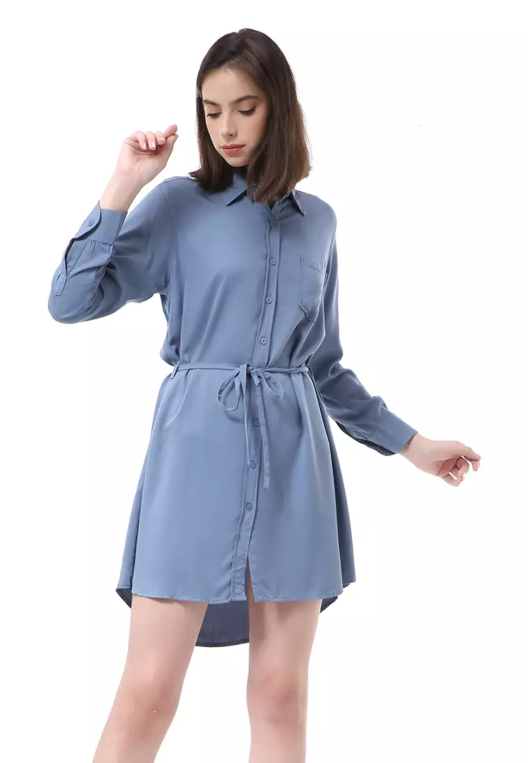 Rachel Dress Wanita Model Kemeja Full Kancing Long Sleeve Material Twill Rayon ORIGINAL - Blue