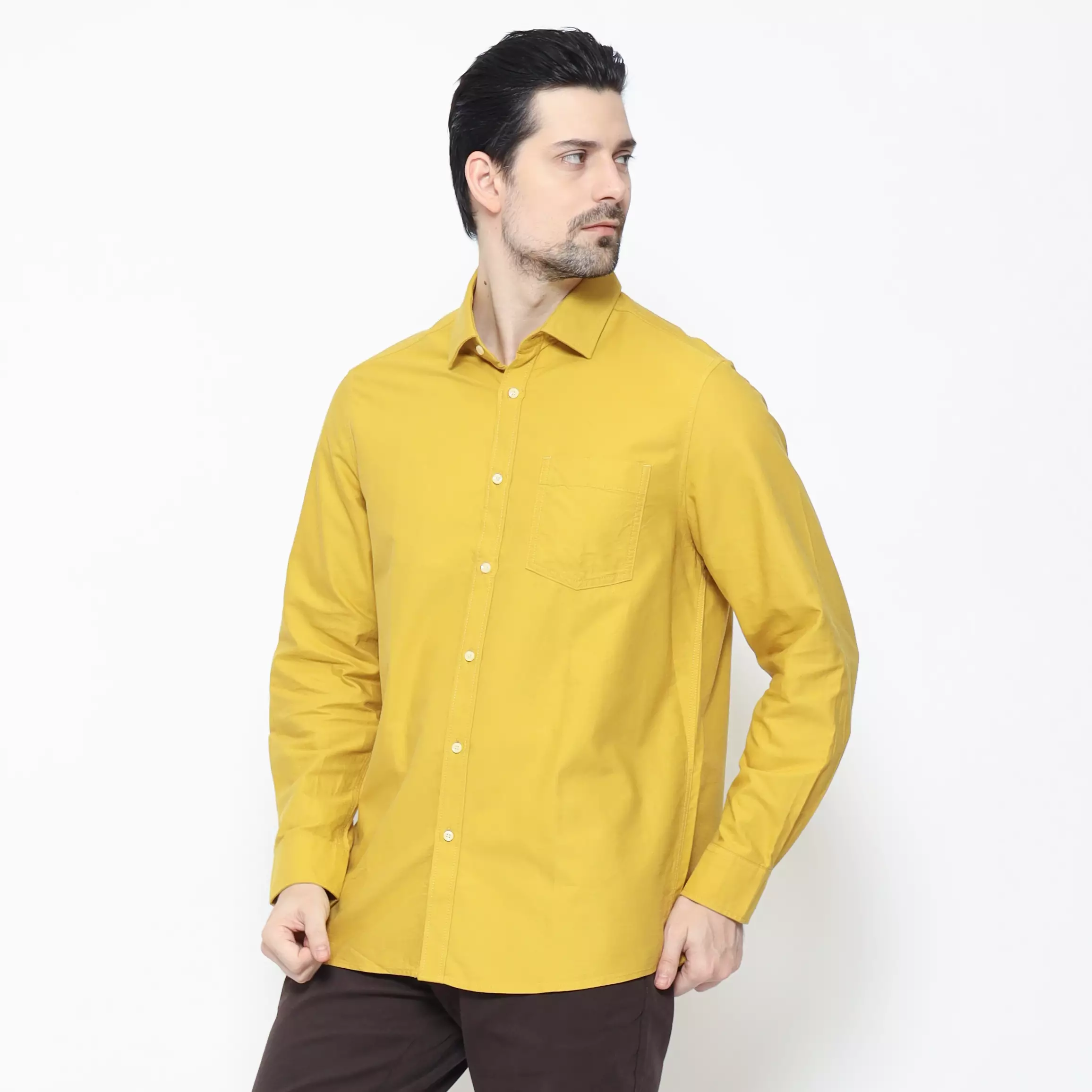 Lawell Kemeja Lengan Panjang Pria KING Regular Fit Cotton Warna Yellow – Motif Oxford Kecil