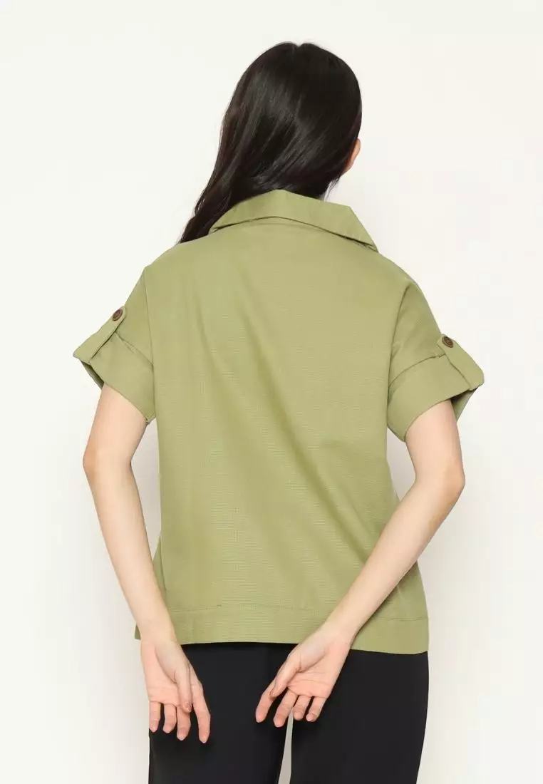 Urban Exchange Namina Green Waffle Shirt - Atasan Kemeja Wanita Lengan Pendek