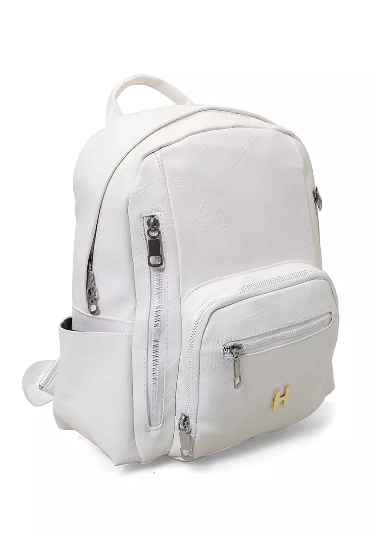 Afra Tas Ransel Wanita Many Space Backpack Desain Polos Material Leather ORIGINAL - White