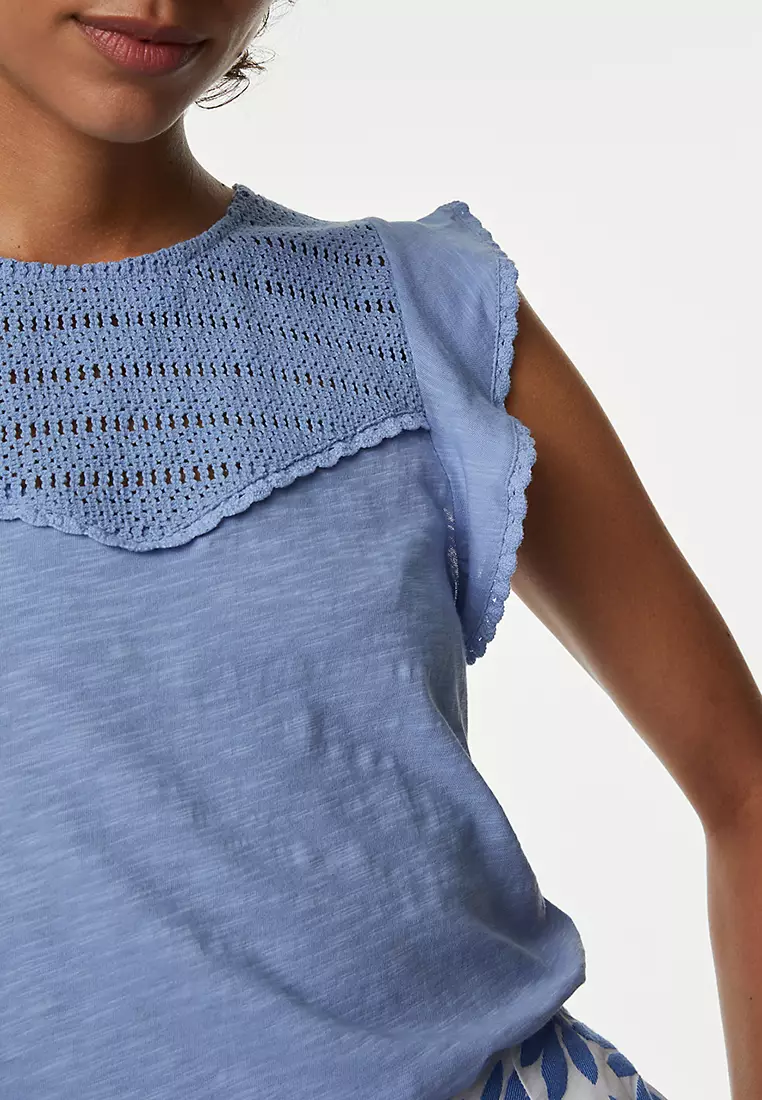 Pure Cotton Embroidered Frill Detail Top