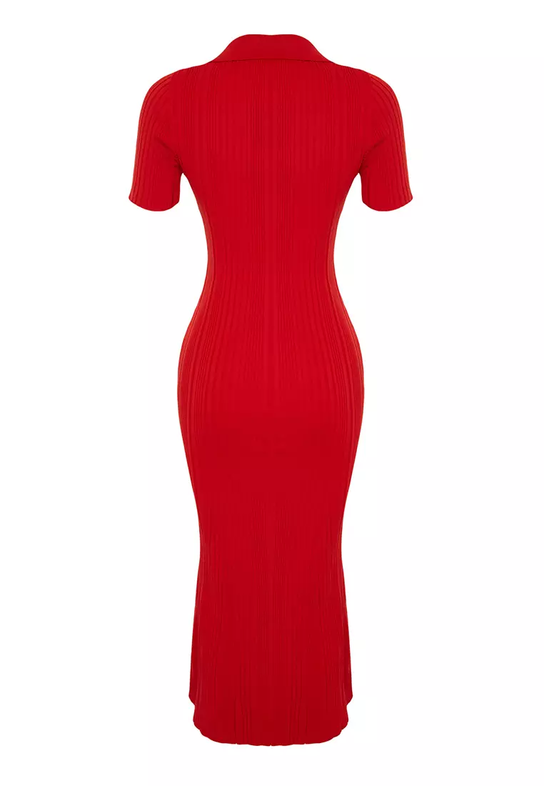 Red Plain Maxi Maxi Knitwear Polo Neck Knitwear Dress TWOSS24EL00282