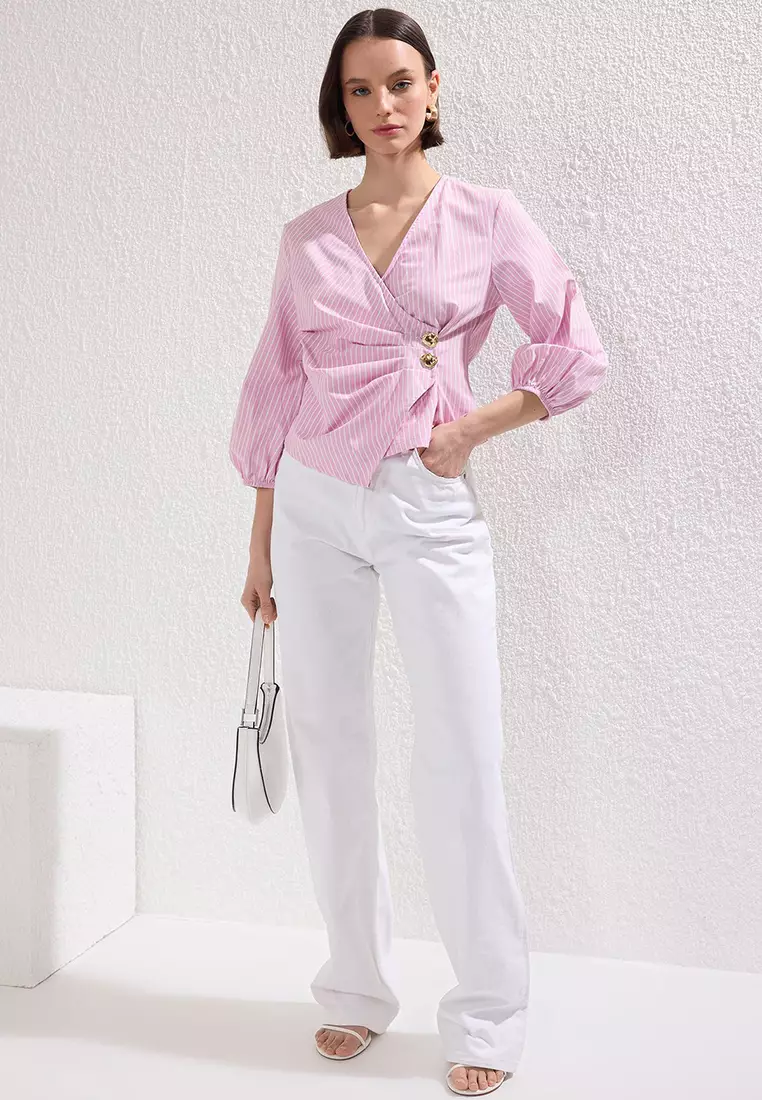 Pink Double Breasted Striped Woven Blouse Twoss25Bz00170