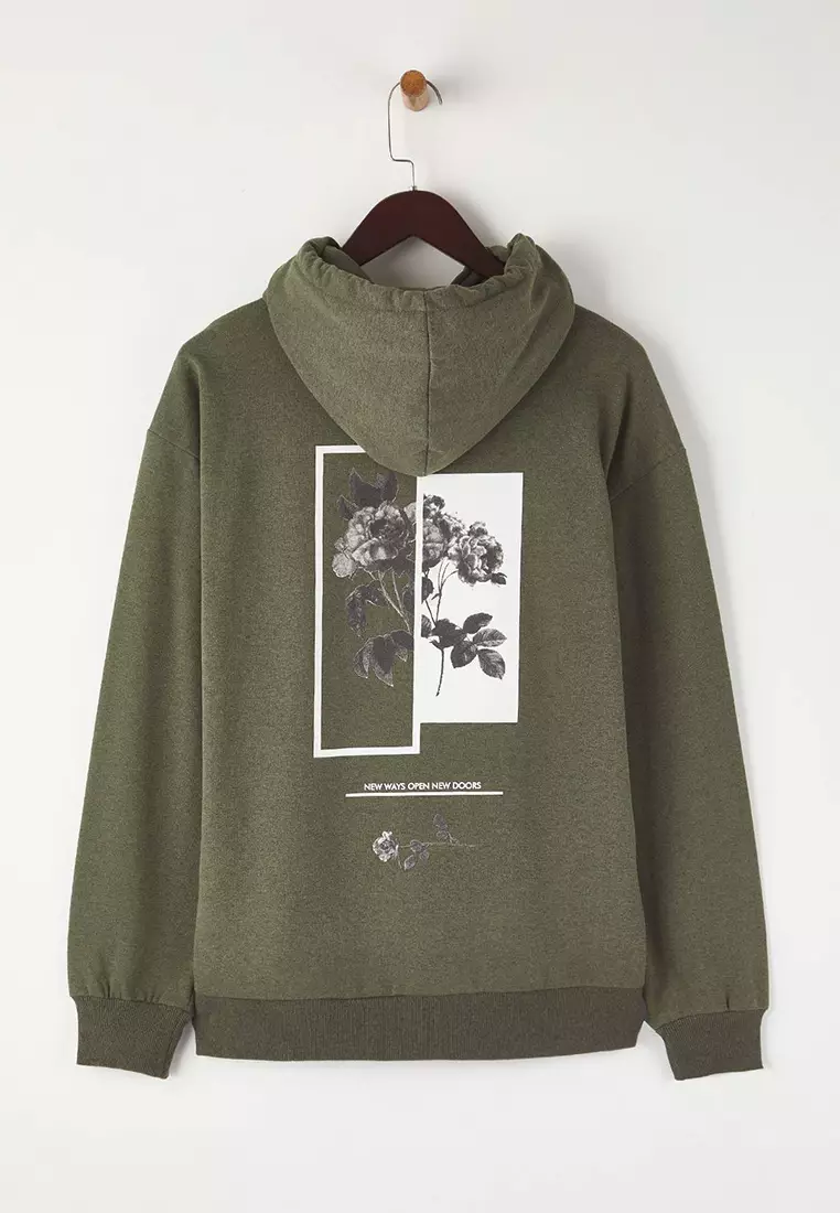 Khaki Oversize/Wide Cut Hooded Fleece/Warm Floral Printed Sweatshirt